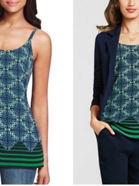 CAbi Tops - Cabi Tank Top Sz M Style #107 Blue Aqua & Green Mosaic Border Stripe Cami